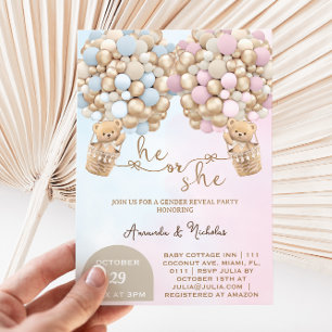 Invitation Lui ou elle Teddy Bear avec des ballons Révélation