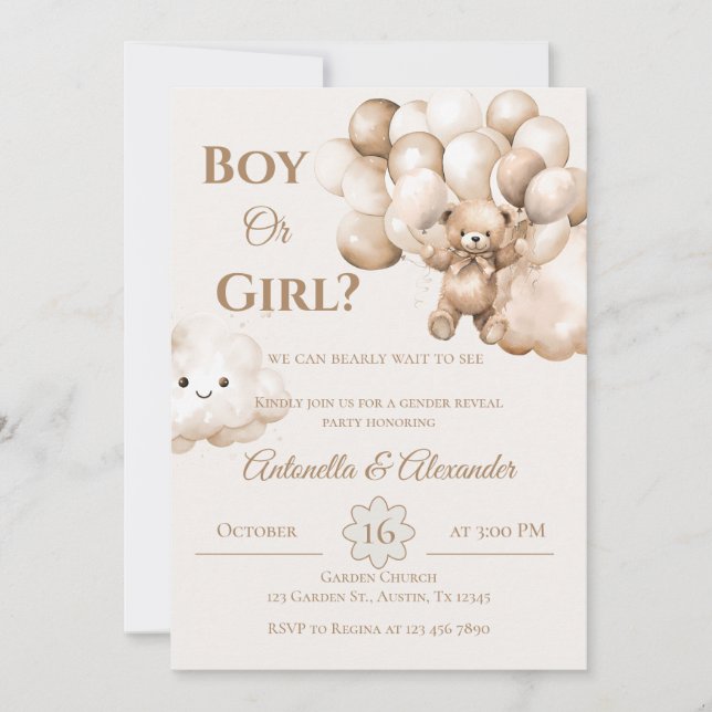 Invitation Lui ou elle Teddy Bear avec des ballons Révélation (Devant)
