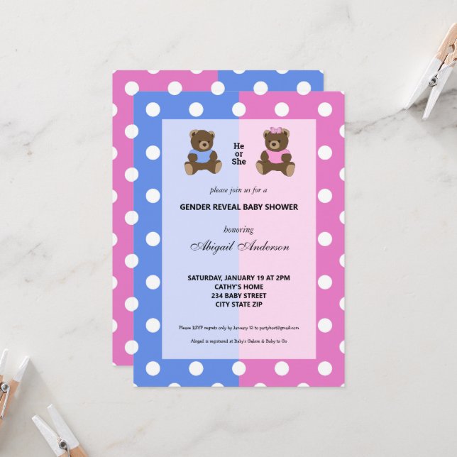 Invitation Lui ou elle Teddy Bear Genre Reveal Baby shower In (Devant/Arrière en situation)