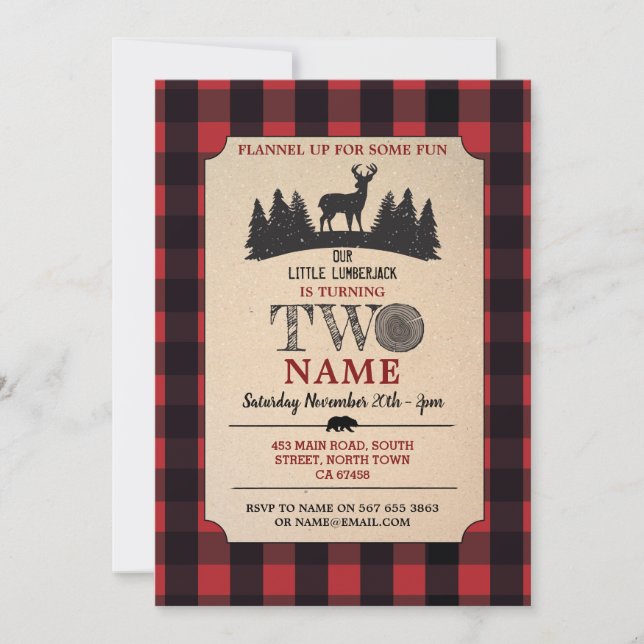 Invitation Lumberjack 2e anniversaire DEUX Red Flannel up Inv (Devant)