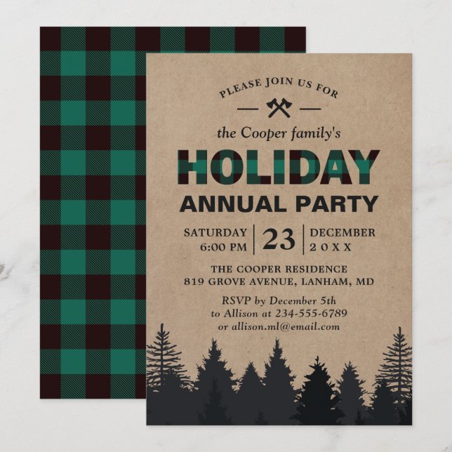Invitation Lumberjack Green Buffalo Plaid Pines Fête (Devant / Derrière)