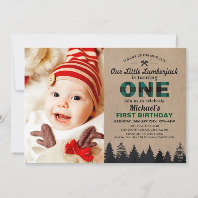 Invitation Lumberjack Green Plaid First Birthday Baby Photo (Devant)