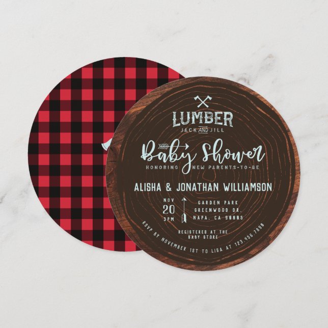 Invitation Lumberjack & Jill Baby Boy Douche Bois & Rouge Pla (Devant / Derrière)