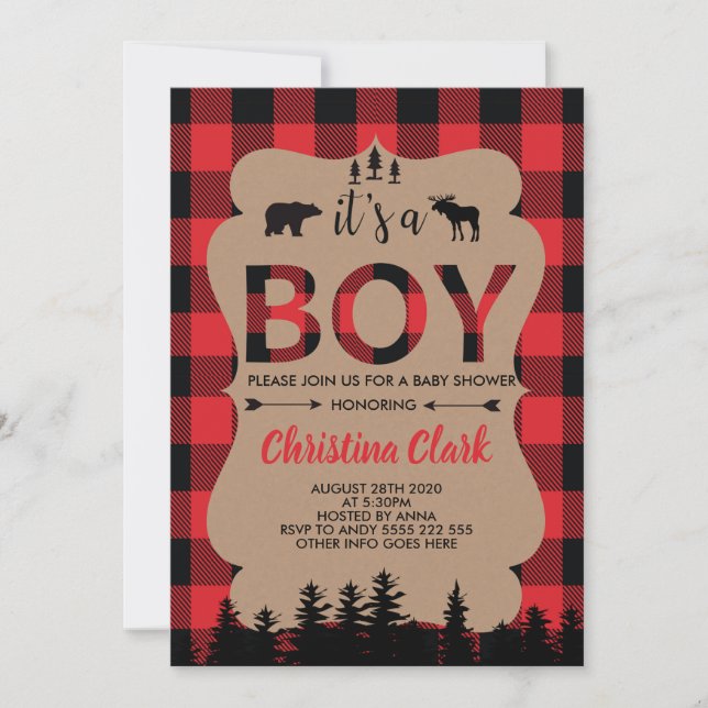 Invitation Lumberjack Oear Flannel Boy Baby shower (Devant)