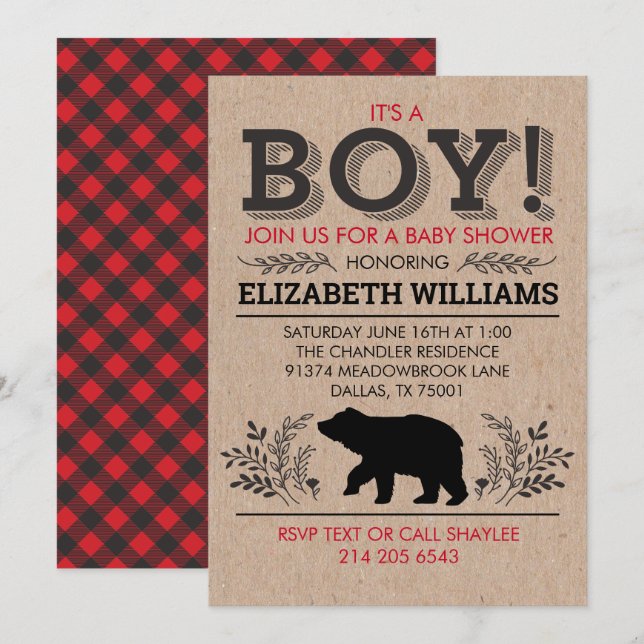 Invitation Lumberjack ours Flannel Rustic Boy Baby shower (Devant / Derrière)