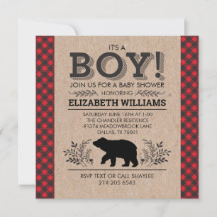 Invitation Lumberjack ours Flannel Rustic Boy Baby shower Inv