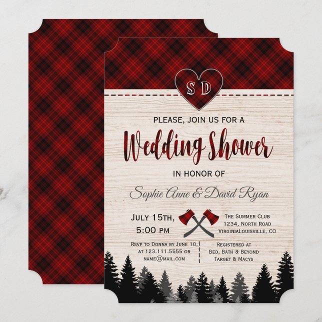Invitation Lumberjack Rouge Buffalo Grange Mariage Couple Dou (Devant / Derrière)