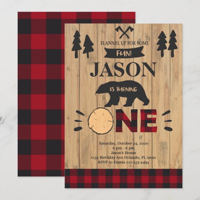Invitation Lumberjack Woodland Boy 1er Anniversaire Invitatio (Devant / Derrière)