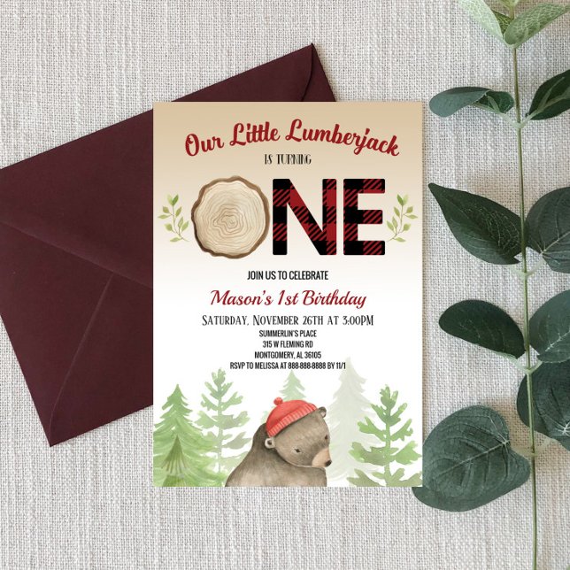 Invitation Lumberjack Woodland Forest Bear 1er anniversaire f (Créateur téléchargé)