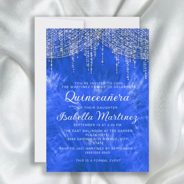 Invitation Lumière à cordes argentée bleu royal élégante pour (Elegant royal blue and silver string lights Quinceañera invitation)