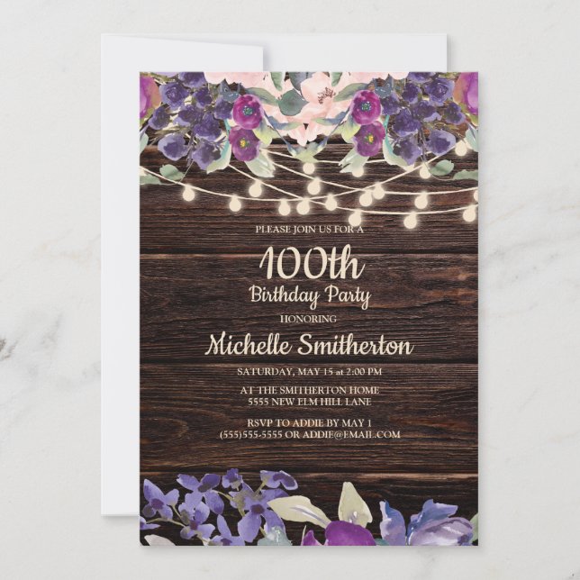 Invitation Lumière à cordes rustique pour 100e anniversaire F (Devant)