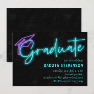Invitation Lumière bleu néon   Graduation moderne rétro