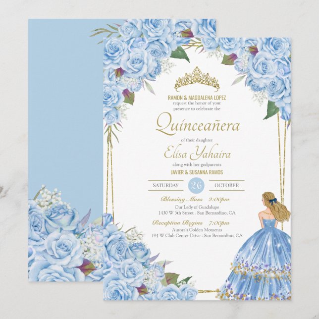 Invitation Lumière bleu Quinceanera Élégante robe Rose Floral (Devant / Derrière)