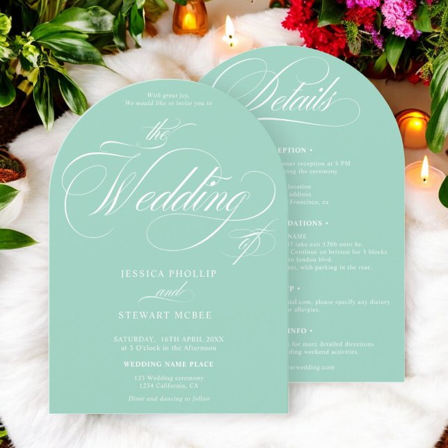 Invitation Lumière chic turquoise tout en un mariage de calli (Chic light teal all in one calligraphy wedding invitation)