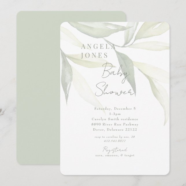 Invitation Lumière Sage Moderne Botanique Baby shower Moderne (Devant / Derrière)