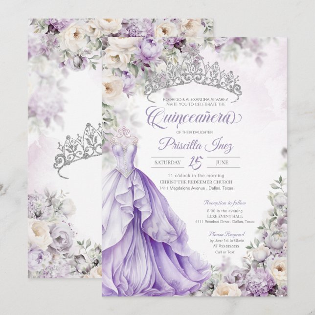 Invitation Lumière violet Élégante Gown Princesse Quinceanera (Devant / Derrière)