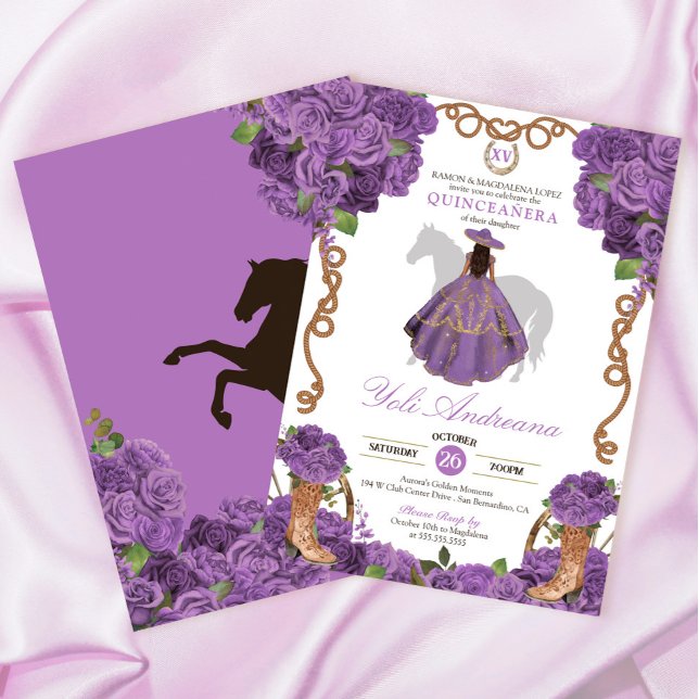 Invitation Lumière violet occidental Charro Vestidos Quinceañ (Créateur téléchargé)