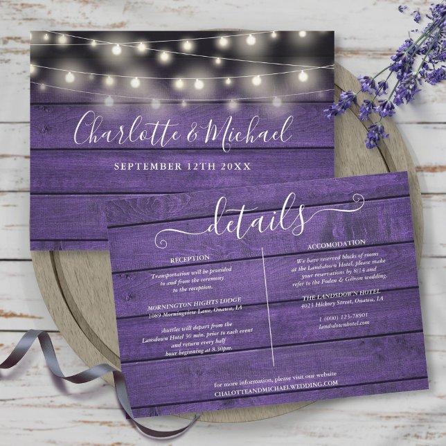 Invitation Lumières à cordes de bois violet rustique Détails  (Rustic Purple Wood String Lights Wedding Details Invitation)