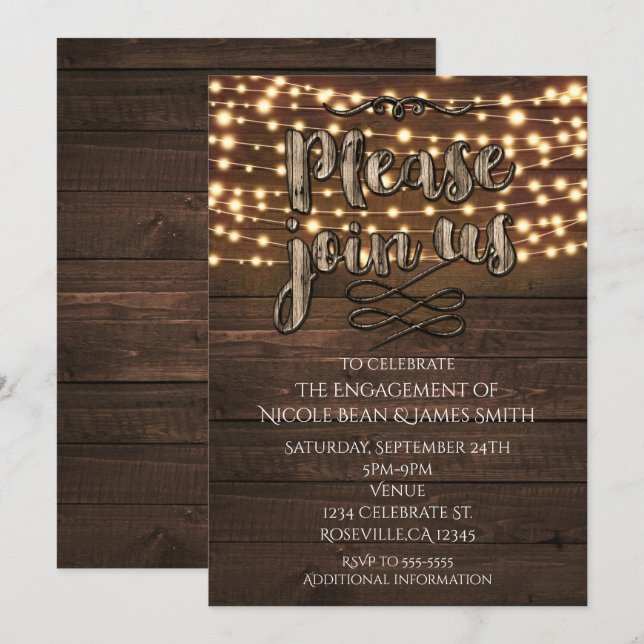 Invitation Lumières à cordes élégantes en bois rustique Invit (Devant / Derrière)