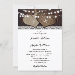 Invitation Lumières à cordes en bois chic Country Deux Coeurs