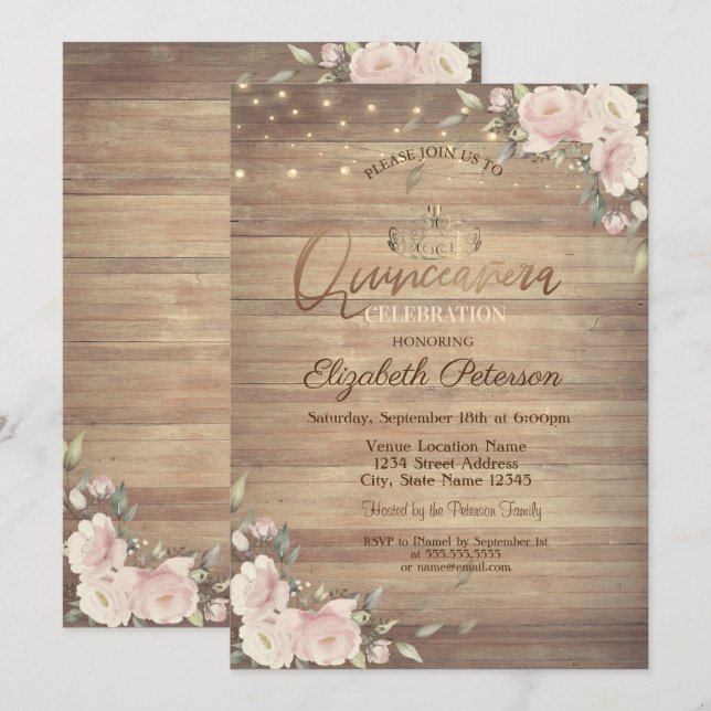 Invitation Lumières à cordes Fleurs roses Bois Quinceañera (Devant / Derrière)