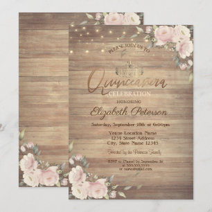 Invitation Lumières à cordes Fleurs roses Bois Quinceañera