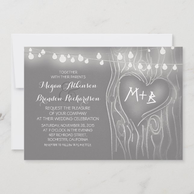 Invitation Lumières à cordes gris élégant arbre mariage roman (Devant)