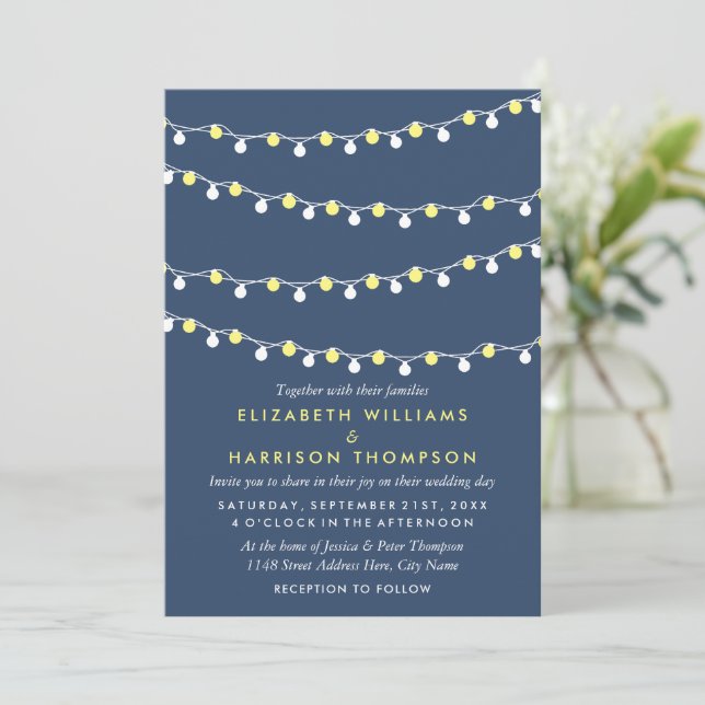 Invitation Lumières à cordes modernes, Mariage jaune et blanc (Debout devant)