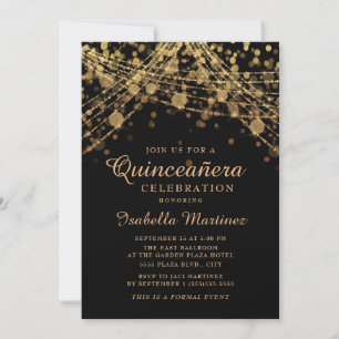 Invitation Lumières à cordes scintillantes or noir Quinceañer