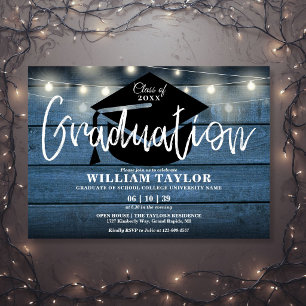 Invitation Lumières à Fil en Bois Rustique Bleu pour Fête de