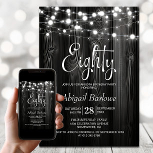 Invitation Lumières blanches en ficelle sur bois noir pour 80