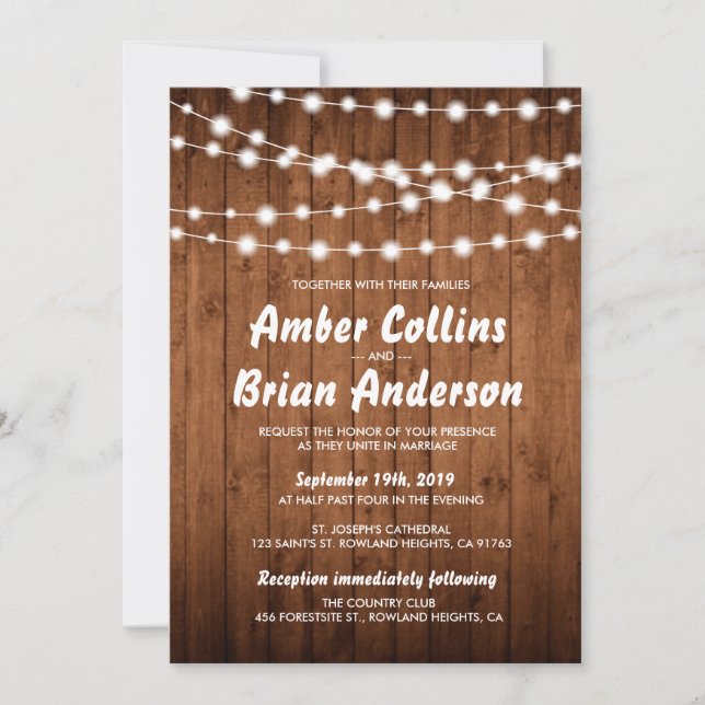 Invitation Lumières brillantes Mariage campagnard en bois de  (Devant)