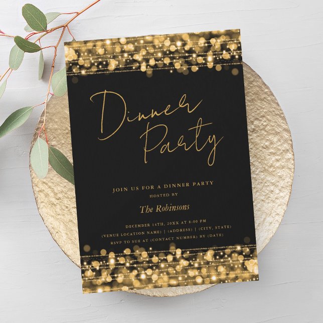 Invitation Lumières Chic Doré Script Soirée en Noir (Gold Chic Lights Script Dinner Party Black Invitation)