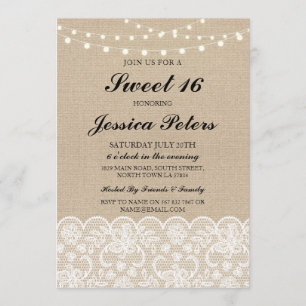Invitation Lumières de 16e anniversaire Sweet Rustique Toile 
