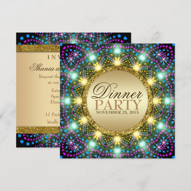 Invitation Lumières de Bohème Couleurs Pailletées Or (Devant / Derrière)