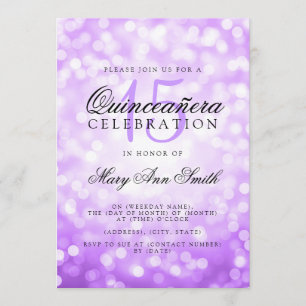 Invitation Lumières de bokeh mauves pour le quinceanera 15e a