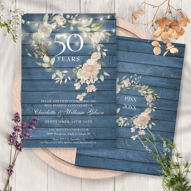 Invitation Lumières de Chaîne de Bois Bleu Floral 50e Anniver (Blue Wood String Lights Floral 50th Anniversary Invitation)