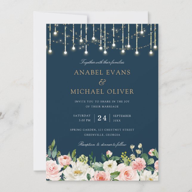 Invitation Lumières de Chaîne de Mariage Élégant Floral Blush (Devant)