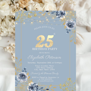Invitation Lumières de Chaîne de Roses Bleues Poussiéreux Ble