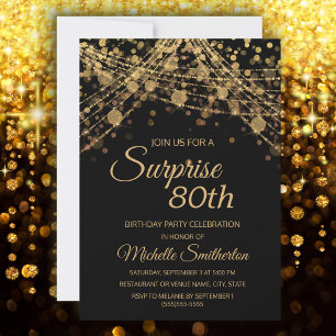 Invitation Lumières de chaîne d'or noir Surprise 80e annivers