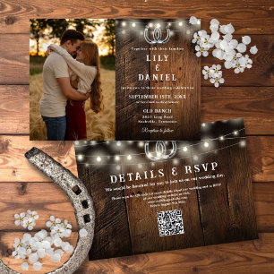 Invitation Lumières de Chaîne en Bois Rustique Code QR Photo 
