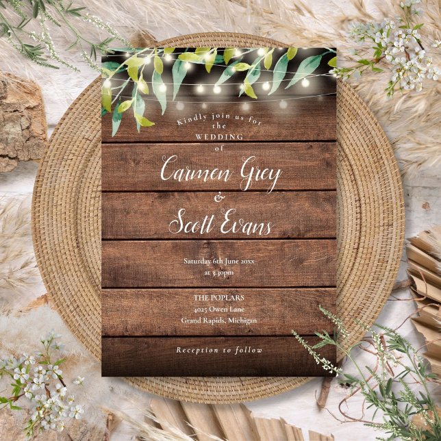 Invitation Lumières de Chaîne en Bois Rustique Eucalyptus Mar (Rustic Wood Eucalyptus String Lights Wedding Invitation)