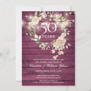 Invitation Lumières de Chaîne en Bois Rustique Floral 50e Ann
