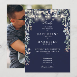 Invitation Lumières de chaîne florales bleu marine Photo mari