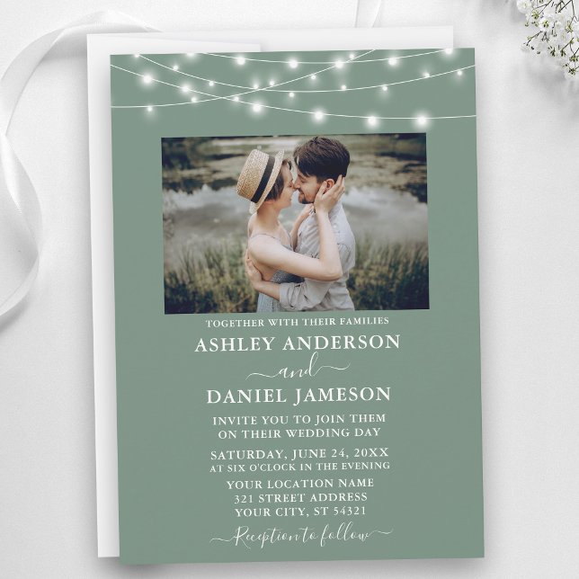 Invitation Lumières de Chaîne Vert Sage Moderne Photo Mariage (Customize to add more text to back of card.)