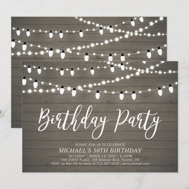 Invitation Lumières de chaînes | Rustic Adult 50th Birthday P (Devant / Derrière)