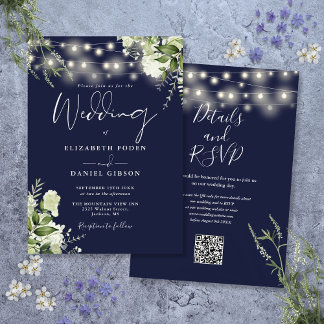 Invitation Lumières de corde bleu marine Fleurs Code QR Maria