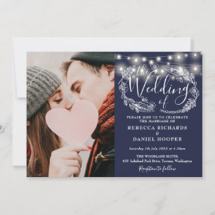 Invitation Lumières de corde bleu marine Photo mariage tout-e