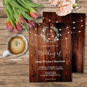 Invitation Lumières de corde en bois rustique monogramme mari