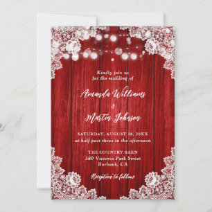 Invitation Lumières de corde en bois rustique rouge Fleur de